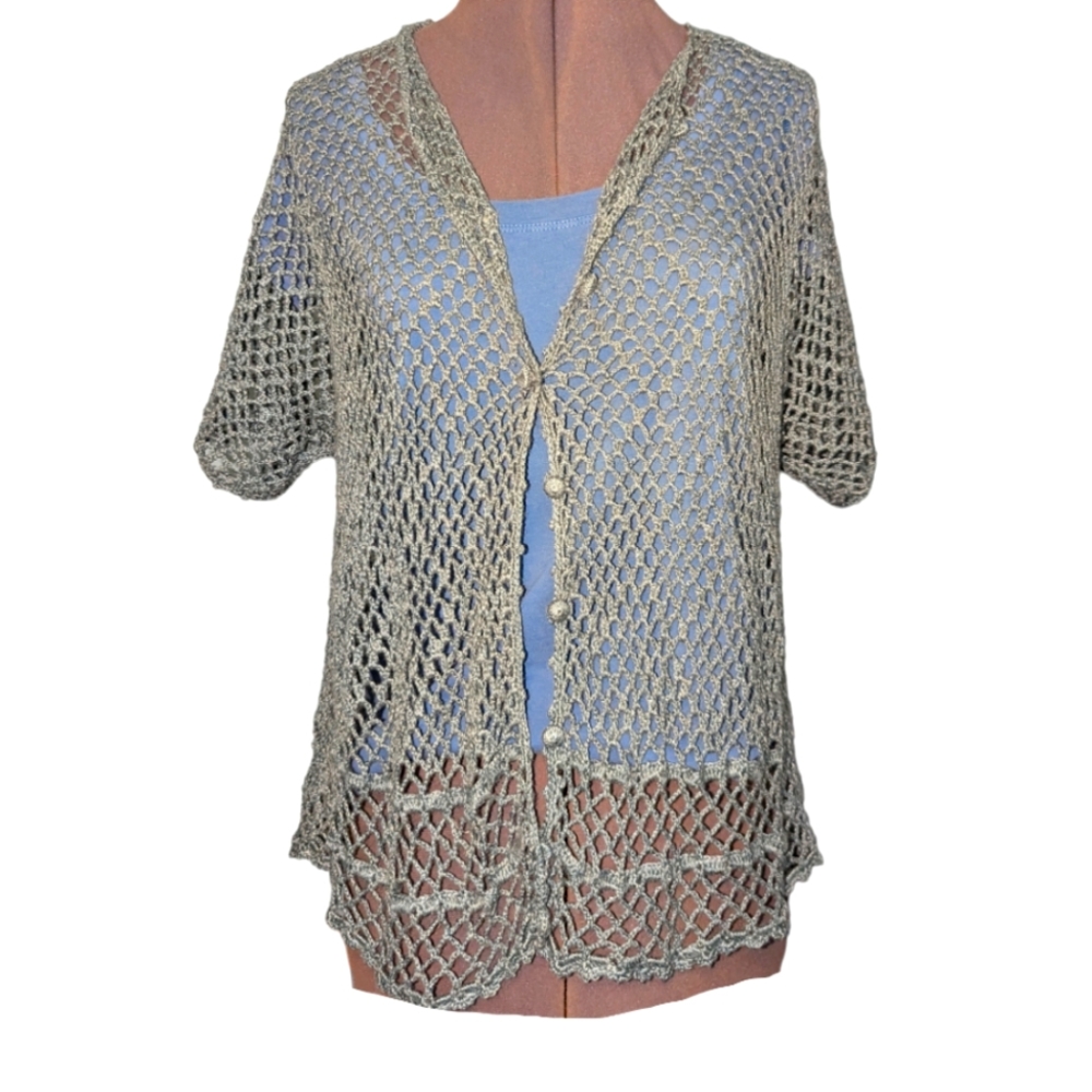 Teddi crochet button down short sleeve Cardigan, size XL, green